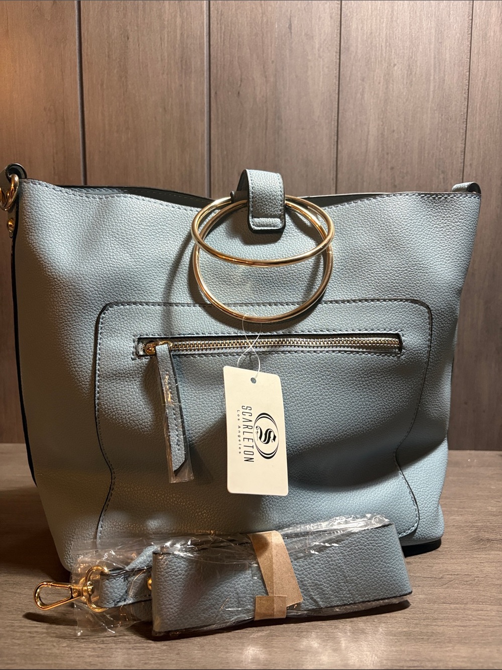 Light Blue Tote Bag with Gold Ring Detail